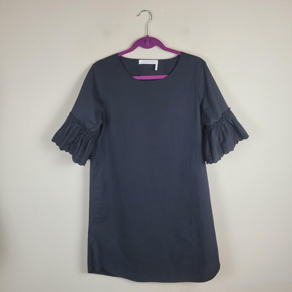 Seeโ By Chloe Dress 36 Black Cotton Ruffle Bell Sleeve Eyelet Shift Mini Boho